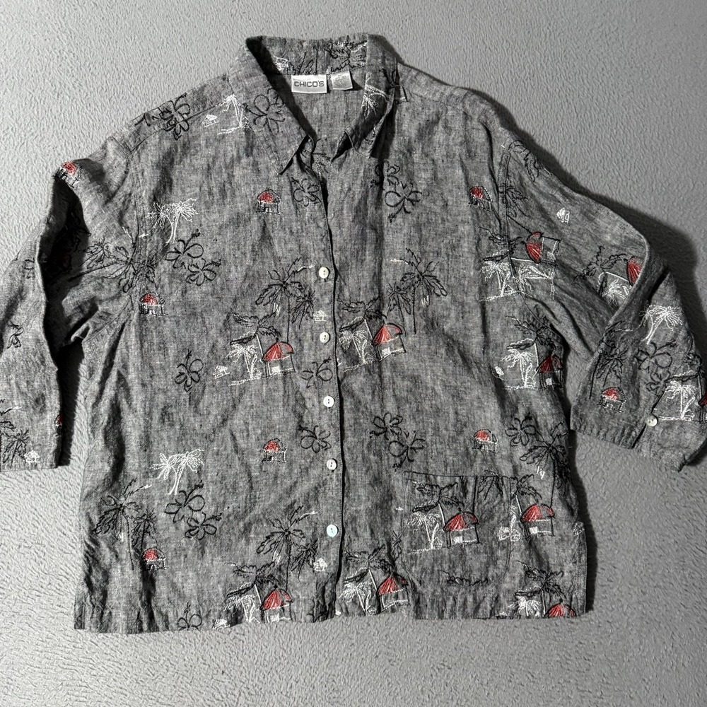 Chico's Design Shirt Womens Size 2 Tropical 100% Linen Button Up Blouse Vintage